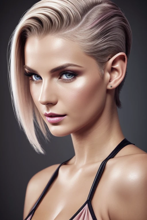 Gorgeous european woman with very short hair, short ponytail, wet hair, hair slicked back, combed straight back, slick hair, streaked blonde hair, seductive, pink lips, elf princess, cleavage, vintage, solid dark grey background