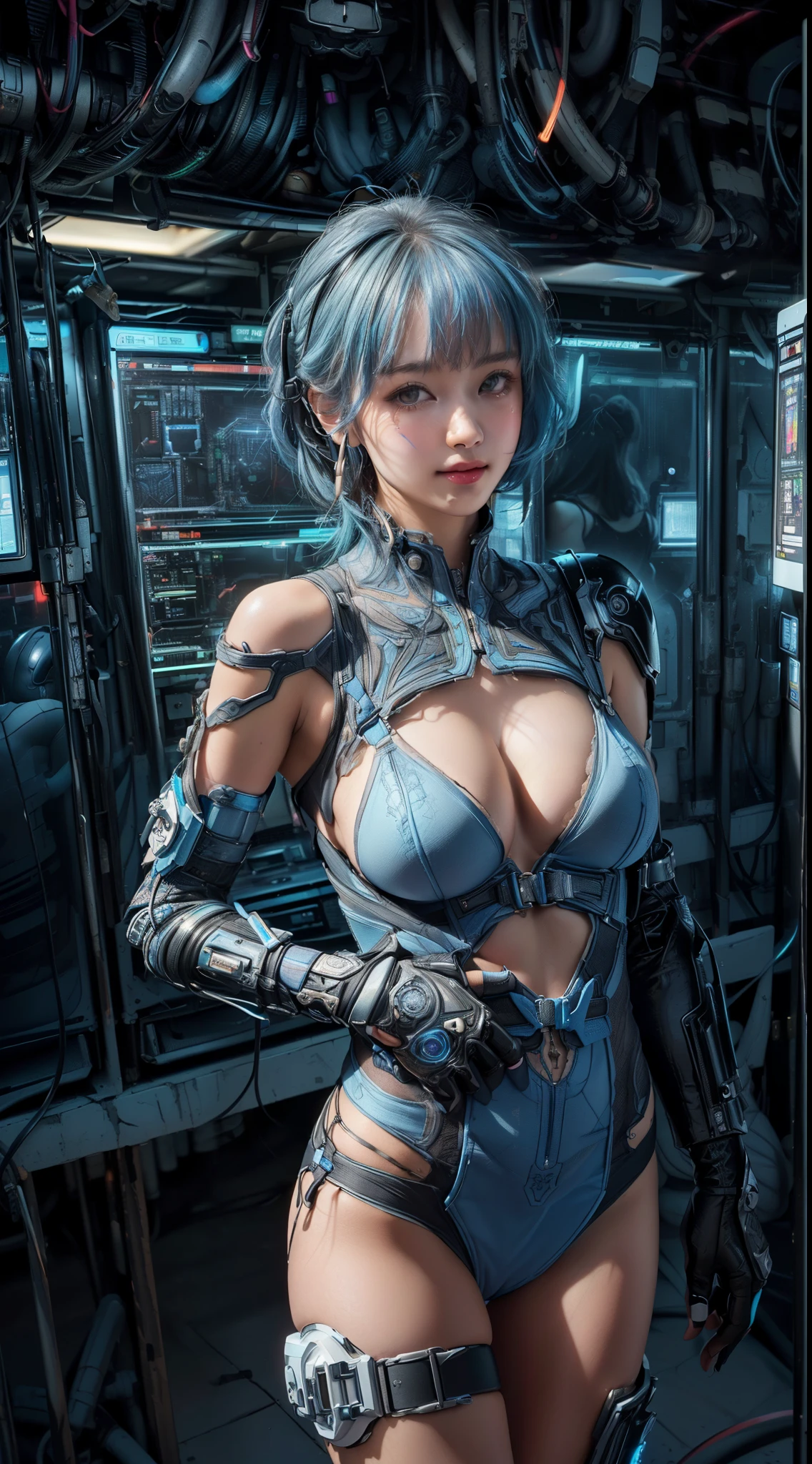 (((Different angles of view:1.5)))、(((Mr.々A pose:1.2)))、((barcode))、(((Different actions:1.5)))、(smile)、Mature Woman、masterpiece,highest quality,Very detailed,(((Big Breasts)))、((Art Movement:1.2))、bite、(Abdominal muscles)、((Light blue hair))、((((Trendy hairstyles)))), ((Near future)),((sf)),Machinery Parts、((white, Ultra-tight plug suit with detailed decoration))、(((Shingard、Elbow Guard、Knee guard、Chest Guard、Shoulder guard、protector)))、Very beautiful woman、headset、(((Glowing Electronic Suit)))、Slender women、((cyber punk))、(((Digital Metaverse)))、((Dark virtual space))、((Neon color))、(Lots of monitors)、((Fluorescent lights in a server room))、((Lots of electronics))、(((Connect with code)))、(Detailed face)、Realistic Skin、((Delicate photo)),(少女のmasterpiece、Photo Details:1.25), (highest quality:1.6), (超A high resolution:1.5), (Realistic:1.75), 8K resolution, Canon EOS R5, 50mm, Absurd, Very detailed,Cinema Lighting,Browsing Caution:0.4、((Powered Suit))