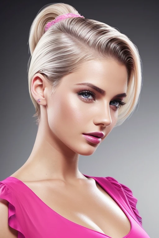 Gorgeous european woman with very short hair, short ponytail, wet hair, hair slicked back, combed straight back, slick hair, streaked blonde hair, seductive, pink lips, princess, cleavage, vintage, solid dark grey background