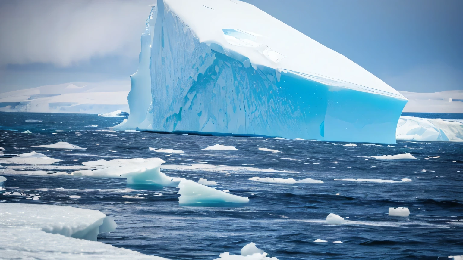 Tons of ice falling from a huge iceberg on the ocean
