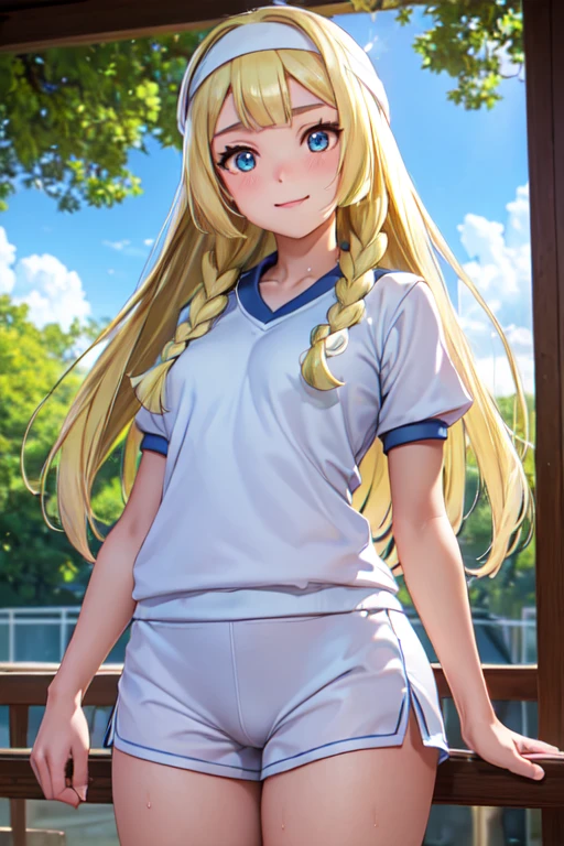1girl, pokemon, lilie, pokemonlilie, looking at viewer, upper body, full body, (cowboy shot:1.5), , blonde, outdoors, nature, sky, cute, happy, nice smile, young, bright sunlight, (masterpiece:1.2), best quality, high resolution, unity 8k wallpaper, lighting from below, lighting from the front, (illustration:0.8), (beautiful detailed eyes:1.6), extremely detailed face, perfect lighting, extremely detailed CG, (perfect hands, perfect anatomy), upper body, spread legs, portrait,(High quality, High resolution, Fine details), playground, (brm), (Dark blue buruma), (hachimaki), (white gym uniform), solo, curvy women, black hair, sparkling eyes, (Detailed eyes:1.2), smile, blush, Sweat, Oily skin, Waist Shot, shallow depth of field