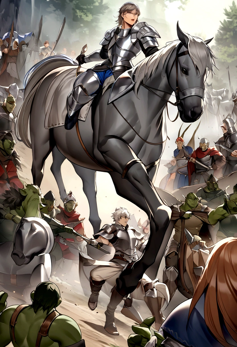 Recreate a medieval battlefield, medieval fantasy, war of humanity vs magical creatures, human species knight Kilian, white European, 19 years old, Young man, Waite boy, Boy, Caucasian,Human savior, arriving as a hero, wearing silver armor with blue riding a horse,Bloody Battle, human savior protected humans from orc attacks , knight killing orcs.