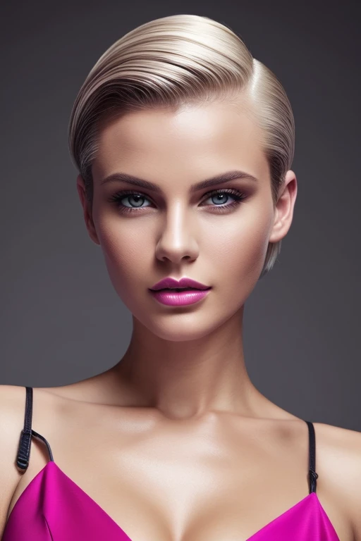 Gorgeous european woman with very short hair, short ponytail, wet hair, hair slicked back, combed straight back, slick hair, streaked blonde hair, seductive, pink lips, princess, cleavage, vintage, solid dark grey background