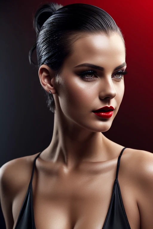 Gorgeous european woman with very short hair, short ponytail, wet hair, hair slicked back, combed straight back, slick hair, streaked black hair, seductive, red lips, princess, cleavage, vintage, solid dark grey background