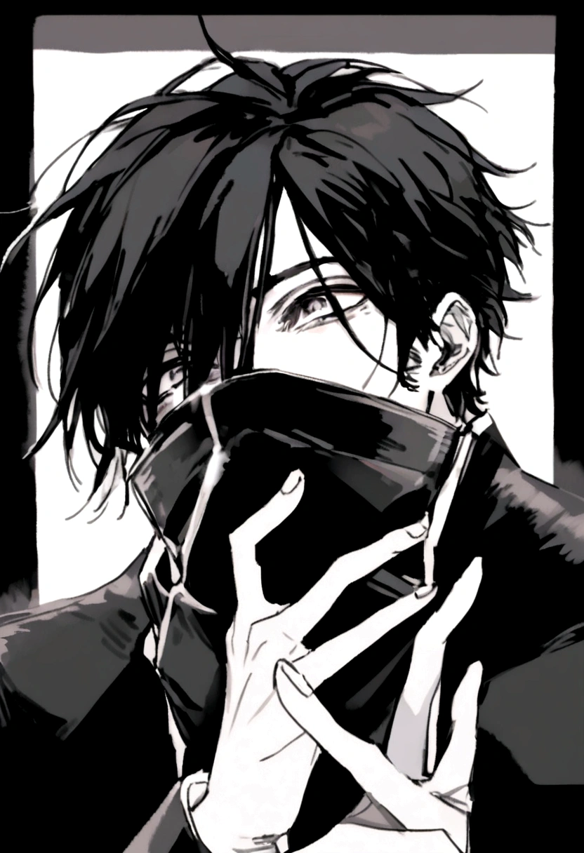 A handsome young man with messy black hair and handsome dead tired eyes with long eyelashes (wears the same outfit on the picture that covers half of his face and can only see the eyes)