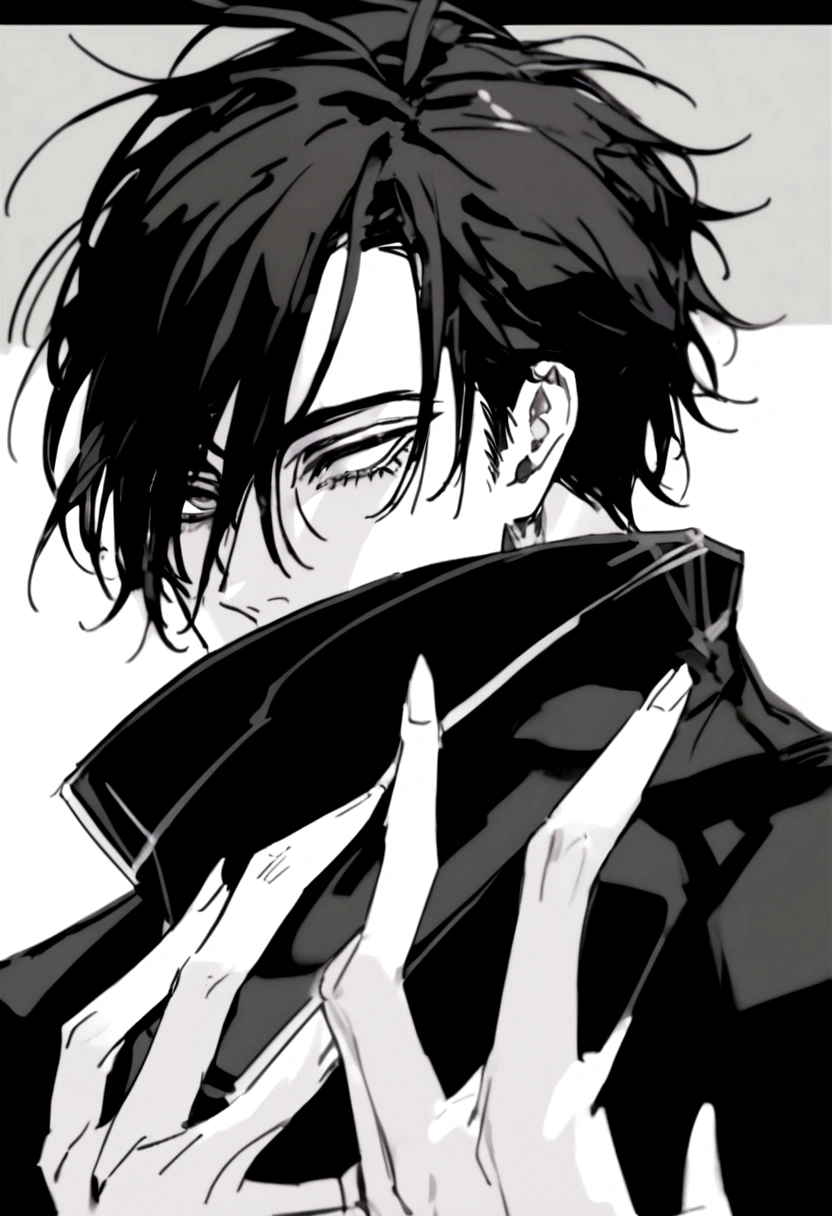 A handsome young man with messy black hair and handsome dead tired eyes with long eyelashes (wears the same outfit on the picture that covers half of his face and can only see the eyes)