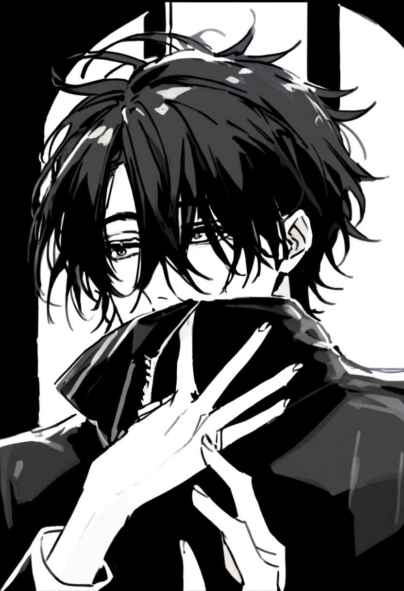 A handsome young man with messy black hair and handsome dead tired eyes with long eyelashes (wears the same outfit on the picture that covers half of his face and can only see the eyes)