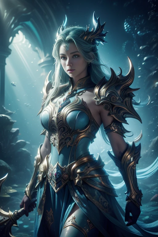 Photorealistic image ((Masterpiece)), ((high quality)) UHD 8K, of the Goddess Ran, goddess of the Nordic seas, realistic, (medium chest), (thin waist), (long black hair), ((body view full)), ((fantasy armor, with blue scales, large shoulder pads and skirt and intricate ice blue lights)), ((powerful trident in her right hand)), ((in her underwater kingdom under the sea, fantastic celestial palace underwater submarine)), (mythological lighting and fantasy atmosphere)