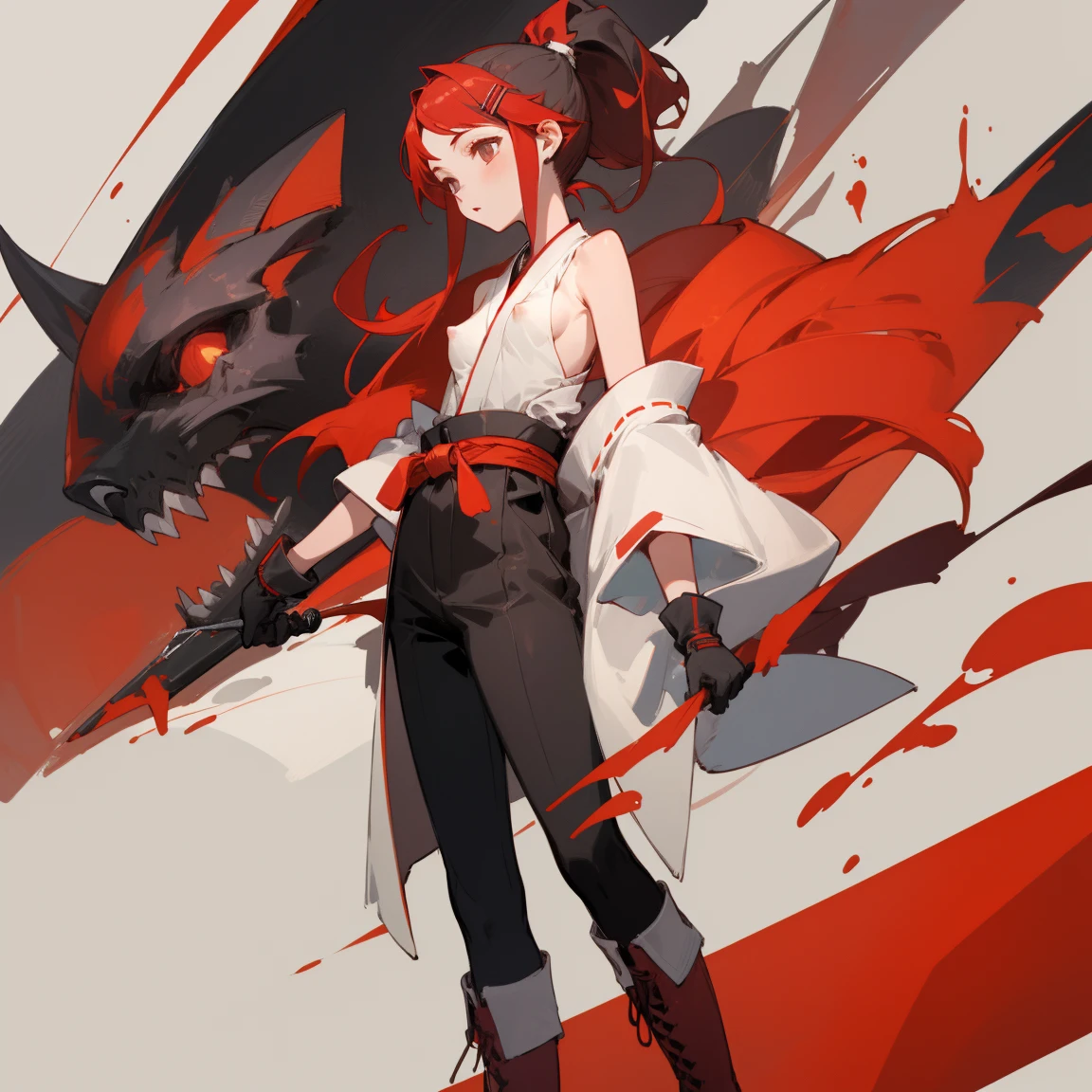 ((highest quality)), ((masterpiece)), (Become familiar with),  1 girl, alone, Black Hair,ponytail,White kimono,Black sleeveless,Red hair clip,Red belt, ,slender,Long Hair,Small breasts, gloves,boots, Erect nipples