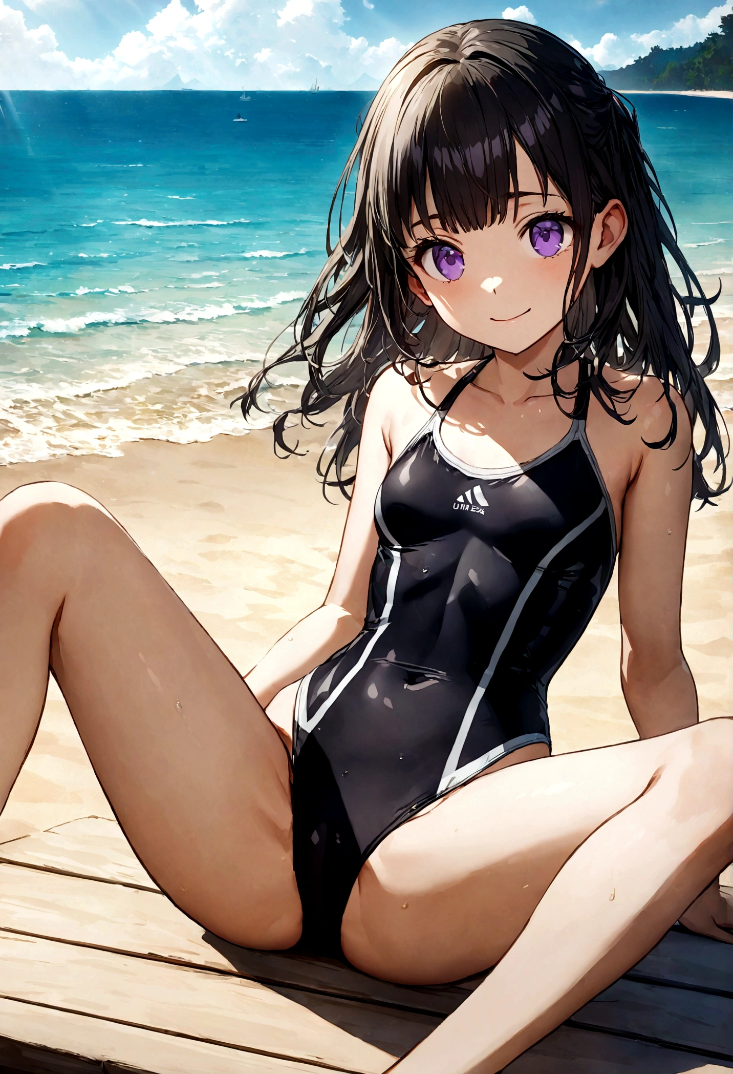 32k, best quality, ultra high res, HDR, UHD, extremely detailed CG, unity 32k wallpaper, very cute, , 1 person, Purple eyes, (Black competitive swimsuit), Beach, Long black hair, (medium breasts), Laugh shyly, sit, (Spread your legs wide),