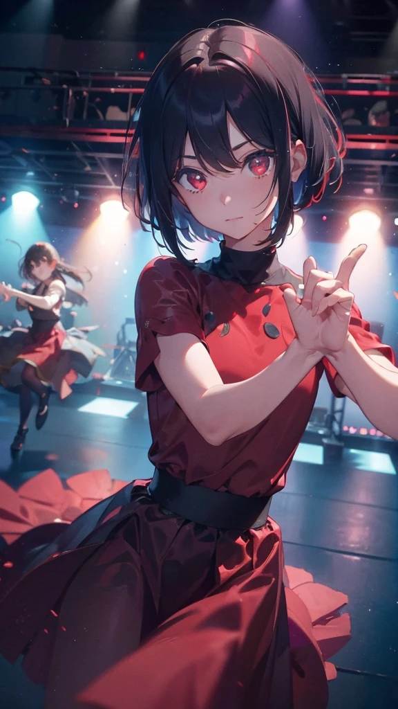 A short bob-haired, red-eyed,dance,Five fingers,live
