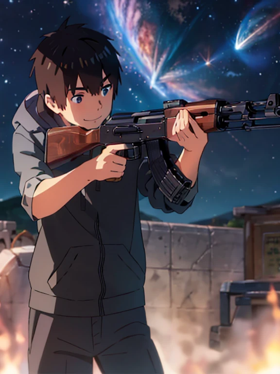 shinkai makoto, kimi no na wa., tachibana taki, 1boy, blue eyes, brown hair, comet, hood, hoodie, male focus, night, night sky, sky, smile, solo
t, cowboy shot, holding_gun, ak-47, akm, assault_rifle, kalashnikov_rifle, aiming, finger on trigger