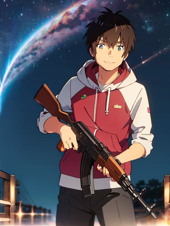 shinkai makoto, kimi no na wa., tachibana taki, 1boy, blue eyes, brown hair, comet, hood, hoodie, male focus, night, night sky, sky, smile, solo
t, cowboy shot, holding_gun, ak-47, akm, assault_rifle, kalashnikov_rifle, aiming, finger on trigger