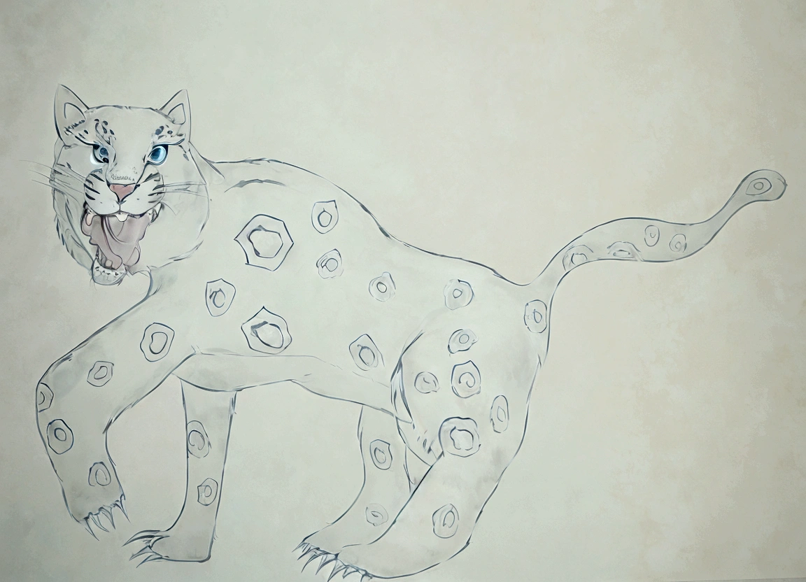A giant snow leopard, white with grey and blue spotted, ((3 giant long fangs in the lower part of the mouth)), photorealistic, 8k, uhd, masterpiece, in a snow land in the edge of a forest