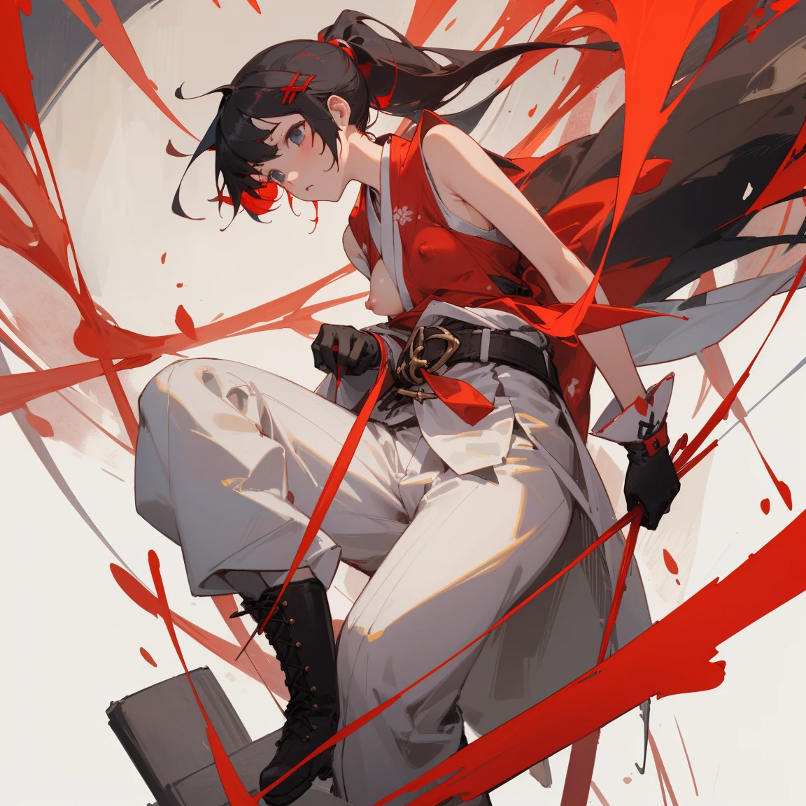 ((highest quality)), ((masterpiece)), (Become familiar with),  1 girl, alone, Black Hair,ponytail,White kimono,Black sleeveless,Red hair clip,Red belt, ,slender,Long Hair,Small breasts, gloves,boots,  