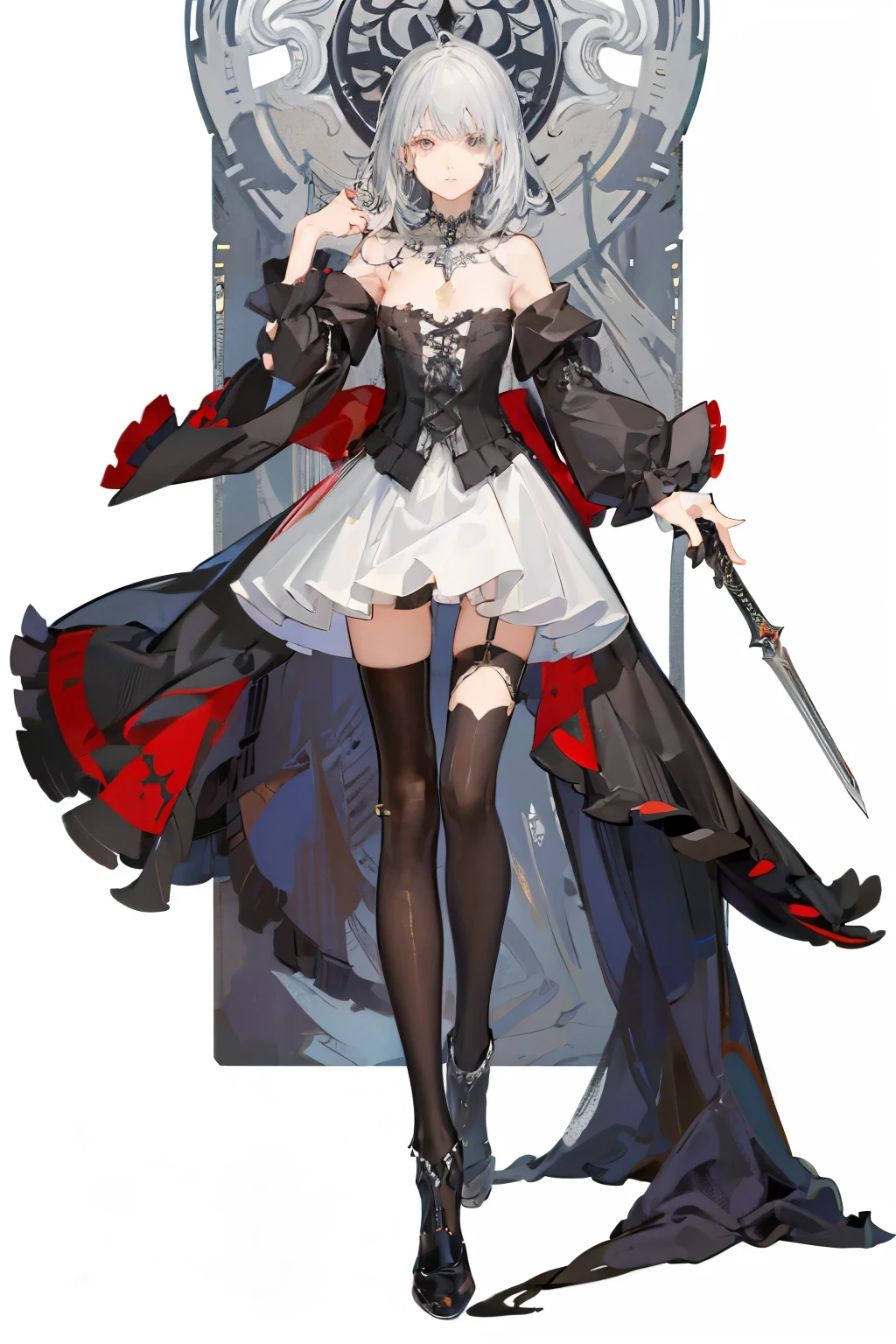 ((best quality)), ((masterpiece)), (detailed), 1girl, Character design, female, dynamic poses, long white grey hair, grey white eyes, very skinny, detailed, best quality, no accesoires around the neck, no shoes, prominent collarbones, skinny arms, flat stomach, visible hip bones, full body, blank white background, plain background, white background, red and white clothing, Bloodborne inspired, occult aesthetic, occult, detailed and intricate steampunk and detailed gothic, NSFW, Very dramatic and cinematic lighting, cosmic horror, grim-dark, side-lighting, perfect face, NSFW, Fluttering lace flared long knee length dress with frilly petticoats, knee length dress, pleated petticoats, petticoats gothic, complex lace boots, side-lighting, gothic aesthetic, wielding a mighty sword with mechanical components, mandalas, a fairy, various different types of insect wings, NSFW, full body, whole body, body, plain background, white background, blank background, no background, white background NSFW, chains, full body, whole body, head-to-toe NSFW