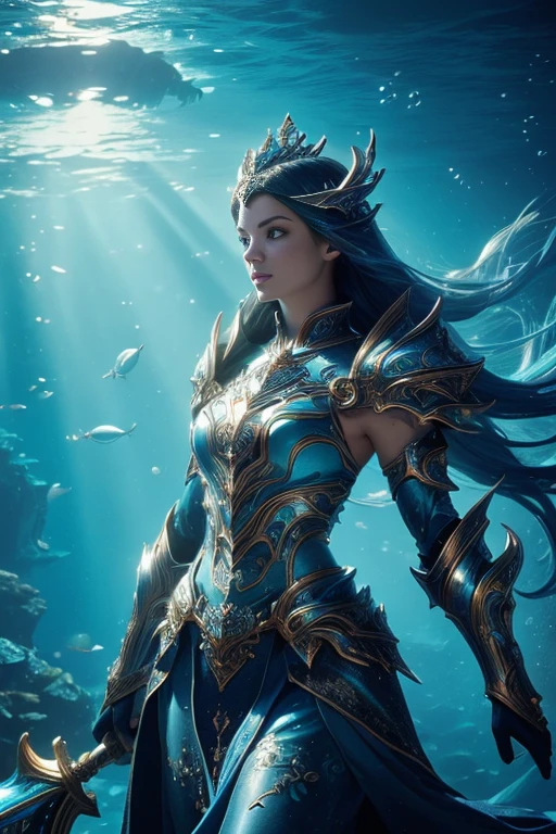Photorealistic image ((Masterpiece)), ((high quality)) UHD 8K, of the Goddess Ran, goddess of the Nordic seas, realistic, (medium chest), (thin waist), (long black hair), ((body view full)), ((fantasy armor, with blue scales, large shoulder pads and skirt and intricate ice blue lights)), ((powerful trident in her right hand)), ((in her underwater kingdom under the sea, fantastic celestial palace underwater submarine)), (mythological lighting and fantasy atmosphere)