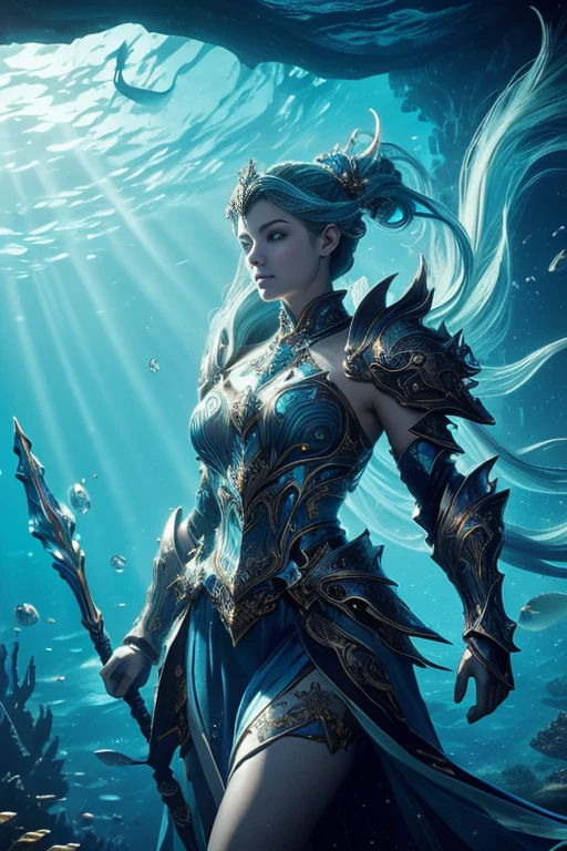 Photorealistic image ((Masterpiece)), ((high quality)) UHD 8K, of the Goddess Ran, goddess of the Nordic seas, realistic, (medium chest), (thin waist), (long black hair), ((body view full)), ((fantasy armor, with blue scales, large shoulder pads and skirt and intricate ice blue lights)), ((powerful trident in her right hand)), ((in her underwater kingdom under the sea, fantastic celestial palace underwater submarine)), (mythological lighting and fantasy atmosphere)