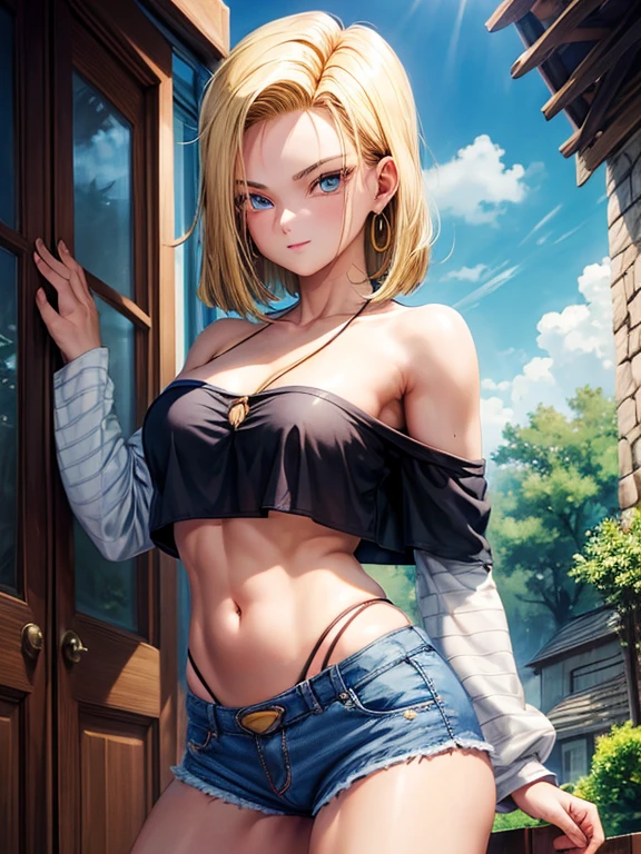 tmasterpiece， best qualtiy， ultra - detailed， absurderes， Portrait Beautiful Android 18db， solo， 耳Nipple Ring， (The bikini:1.5)，Underdressing，jewely， (Off-the-shoulder clothing:1.5)，cleavage， upper body closeup，ssmile， Thongs， vests， cloud， Skysky， daysies， outside of house，Denim super shorts，best qualtiy， tmasterpiece， intricate detailes， tonemapping， Sharp Focus， ultra - detailed， Altstati is a trend，