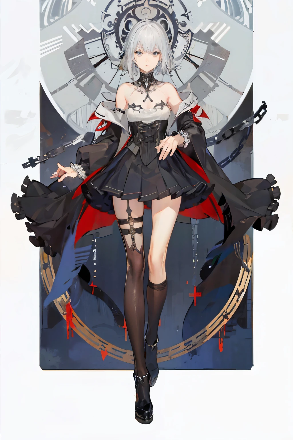 ((best quality)), ((masterpiece)), (detailed), 1girl, Character design, female, dynamic poses, long white grey hair, grey white eyes, very skinny, detailed, best quality, no accesoires around the neck, no shoes, prominent collarbones, skinny arms, flat stomach, visible hip bones, full body, blank white background, plain background, white background, red and white clothing, Bloodborne inspired, occult aesthetic, occult, detailed and intricate steampunk and detailed gothic, NSFW, Very dramatic and cinematic lighting, cosmic horror, grim-dark, side-lighting, perfect face, NSFW, Fluttering lace flared long knee length dress with frilly petticoats, knee length dress, pleated petticoats, petticoats gothic, complex lace boots, side-lighting, gothic aesthetic, wielding a mighty sword with mechanical components, mandalas, a fairy, various different types of insect wings, NSFW, full body, whole body, body, plain background, white background, blank background, no background, white background NSFW, chains, full body, whole body, head-to-toe NSFW