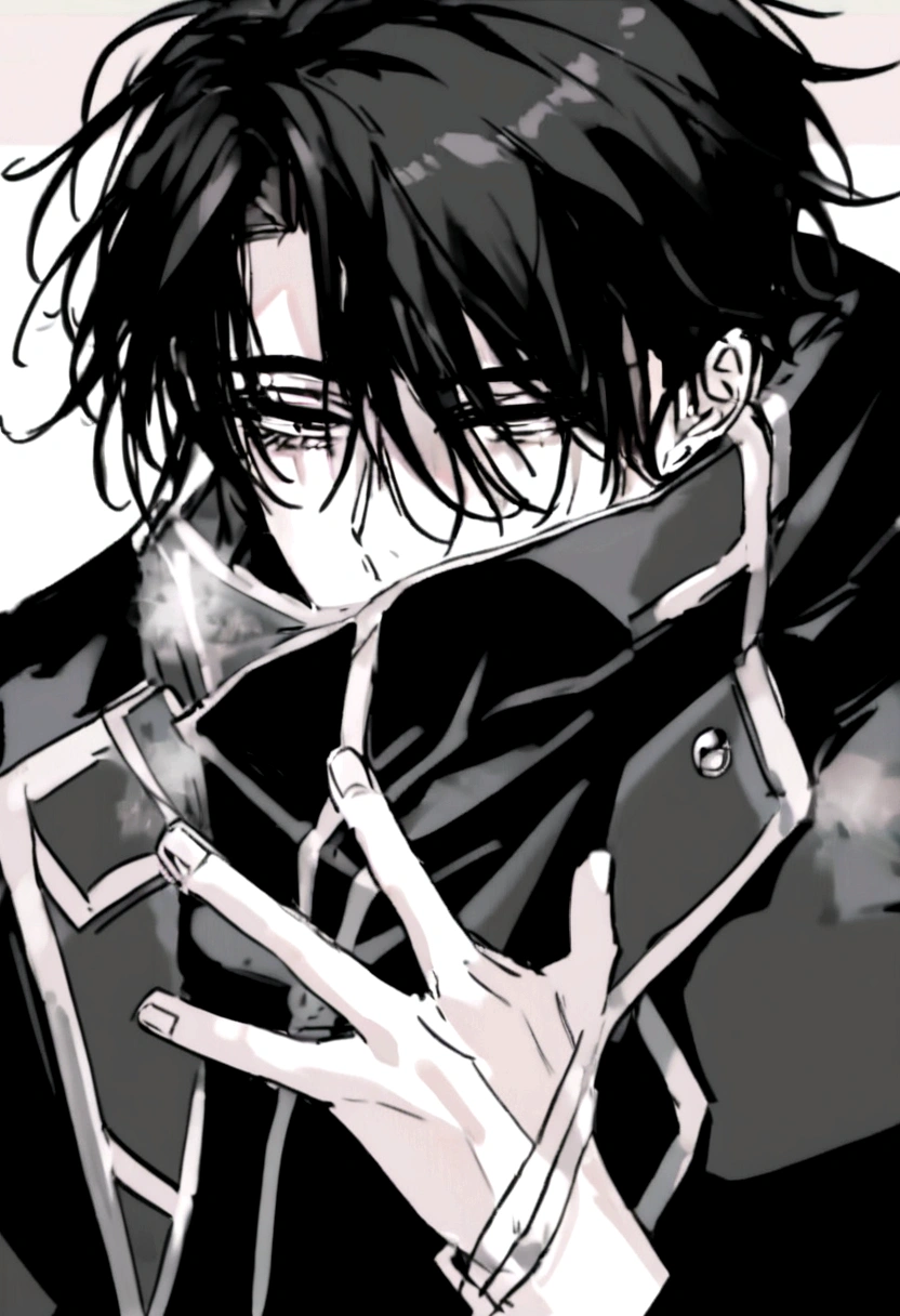 A handsome young man with messy black hair and beautiful tired eyes with long eyelashes (wears the same outfit on the picture that covers half of his face and can only see the eyes) has a bored,cold, sleepy expression/vibe 