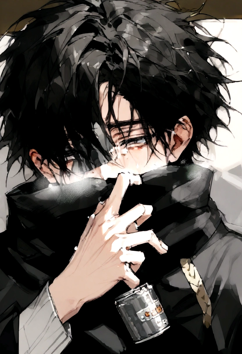 A handsome young man with messy black hair and beautiful tired eyes with long eyelashes (wears the same outfit on the picture that covers half of his face and can only see the eyes) has a bored,cold, sleepy expression/vibe