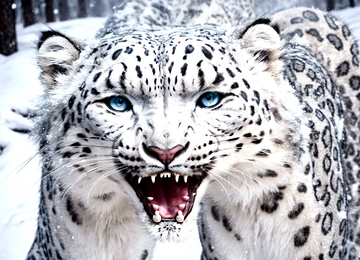 A giant snow leopard, white with grey and blue spotted, ((3 very long fangs in the lower part of the mouth)), photorealistic, 8k, uhd, masterpiece, in a snow land in the edge of a forest