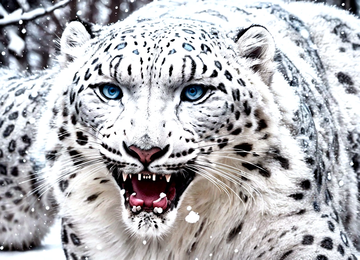A giant snow leopard, white with grey and blue spotted, ((3 very long fangs in the lower part of the mouth)), photorealistic, 8k, uhd, masterpiece, in a snow land in the edge of a forest