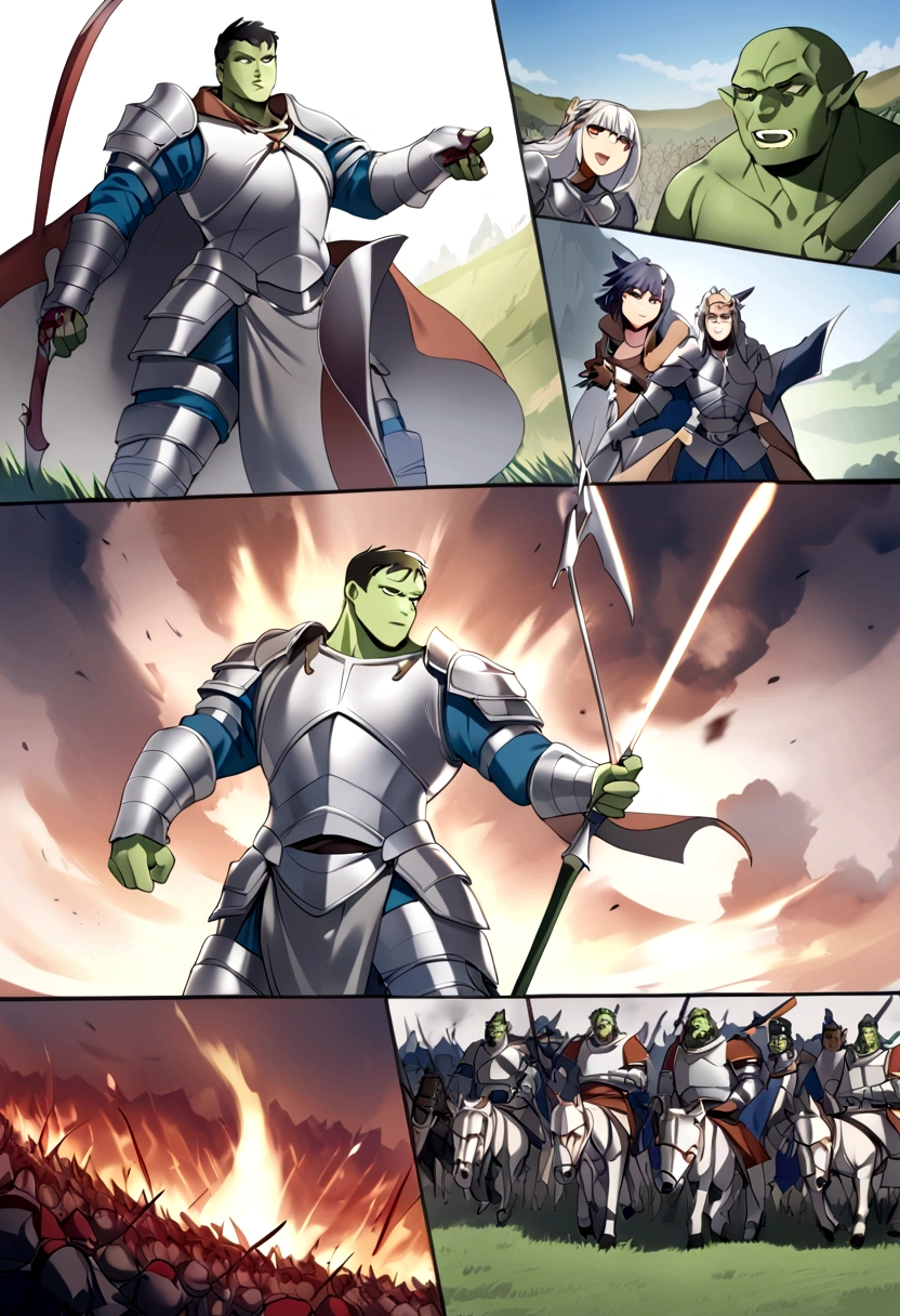 Recreate a medieval battlefield, medieval fantasy, war of humanity vs magical creatures, human species knight Kilian, white European, 19 years old, Young man, Waite boy, Boy, Caucasian,Human savior, arriving as a hero, wearing silver armor with blue riding a horse,Bloody Battle, human savior protected humans from orc attacks , knight killing orcs.