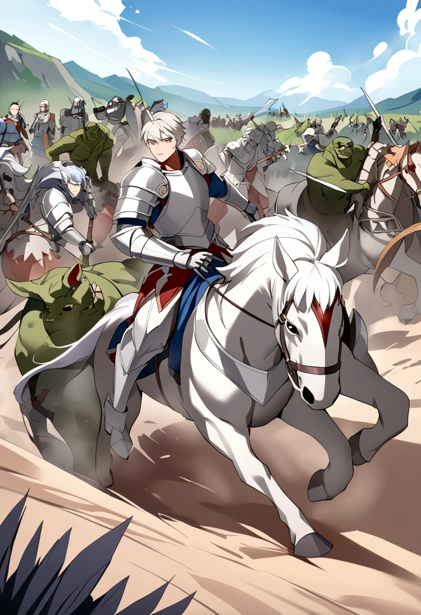 Recreate a medieval battlefield, medieval fantasy, war of humanity vs magical creatures, human species knight Kilian, white European, 19 years old, Young man, Waite boy, Boy, Caucasian,Human savior, arriving as a hero, wearing silver armor with blue riding a horse,Bloody Battle, human savior protected humans from orc attacks , knight killing orcs.