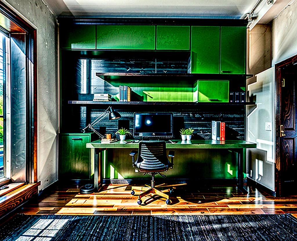 First person view of a large desk with a computer on top in a room, modern office, wooden details, black vertical slats, home office interior, wooden walls, brass panels, black walls, offices, wooden and gold details, small pots with decorative green plants, shelves with photo cameras, pictures with certificates, a traditional acoustic guitar, simple and clean lines, modern and minimalist, minimalist home office, modern minimalist design, functional and elegant look, modern style, dark and modern, neo-traditional modern minimalist, 8k, realistic, ultra detailed
