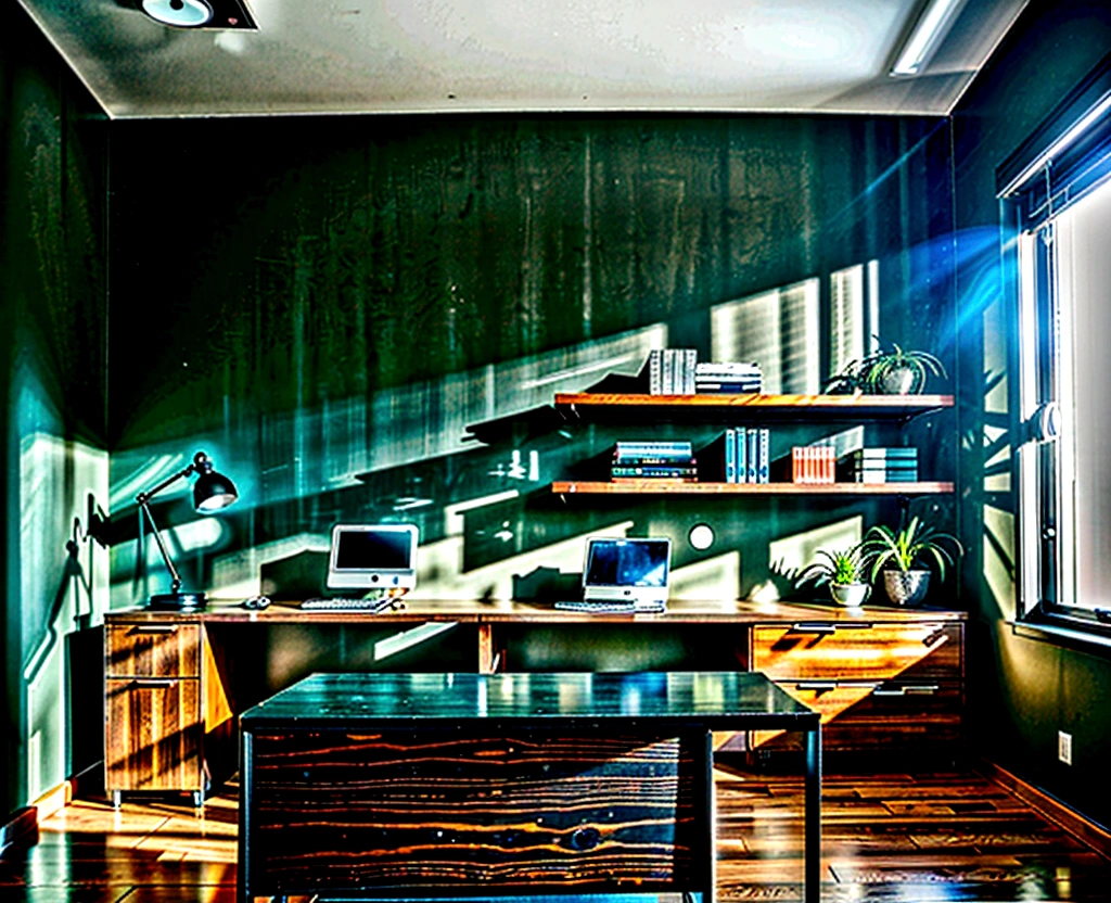 First person view of a large desk with a computer on top in a room, modern office, wooden details, black vertical slats, home office interior, wooden walls, brass panels, black walls, offices, wooden and gold details, small pots with decorative green plants, shelves with photo cameras, pictures with certificates, a traditional acoustic guitar, simple and clean lines, modern and minimalist, minimalist home office, modern minimalist design, functional and elegant look, modern style, dark and modern, neo-traditional modern minimalist, 8k, realistic, ultra detailed