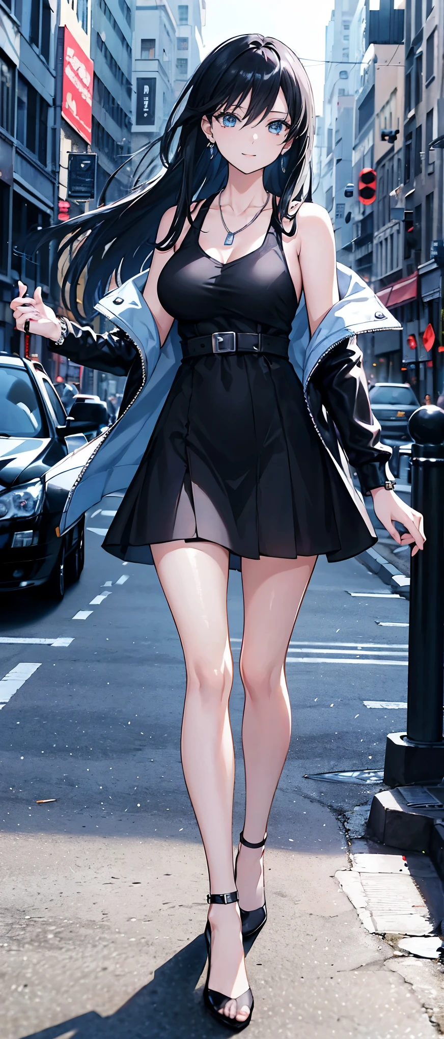 High resolution, high resolution,2D Anime Style,,Cool woman,Mature look,,20th Generation,Black Long Hair,Blue Eyes,Beautiful watch,Beautiful earrings,Beautiful necklace,Casual Fashion,leather jacket,She wore a dress that revealed her shoulders.,He is smiling a little,whole body,Walking around the city,
