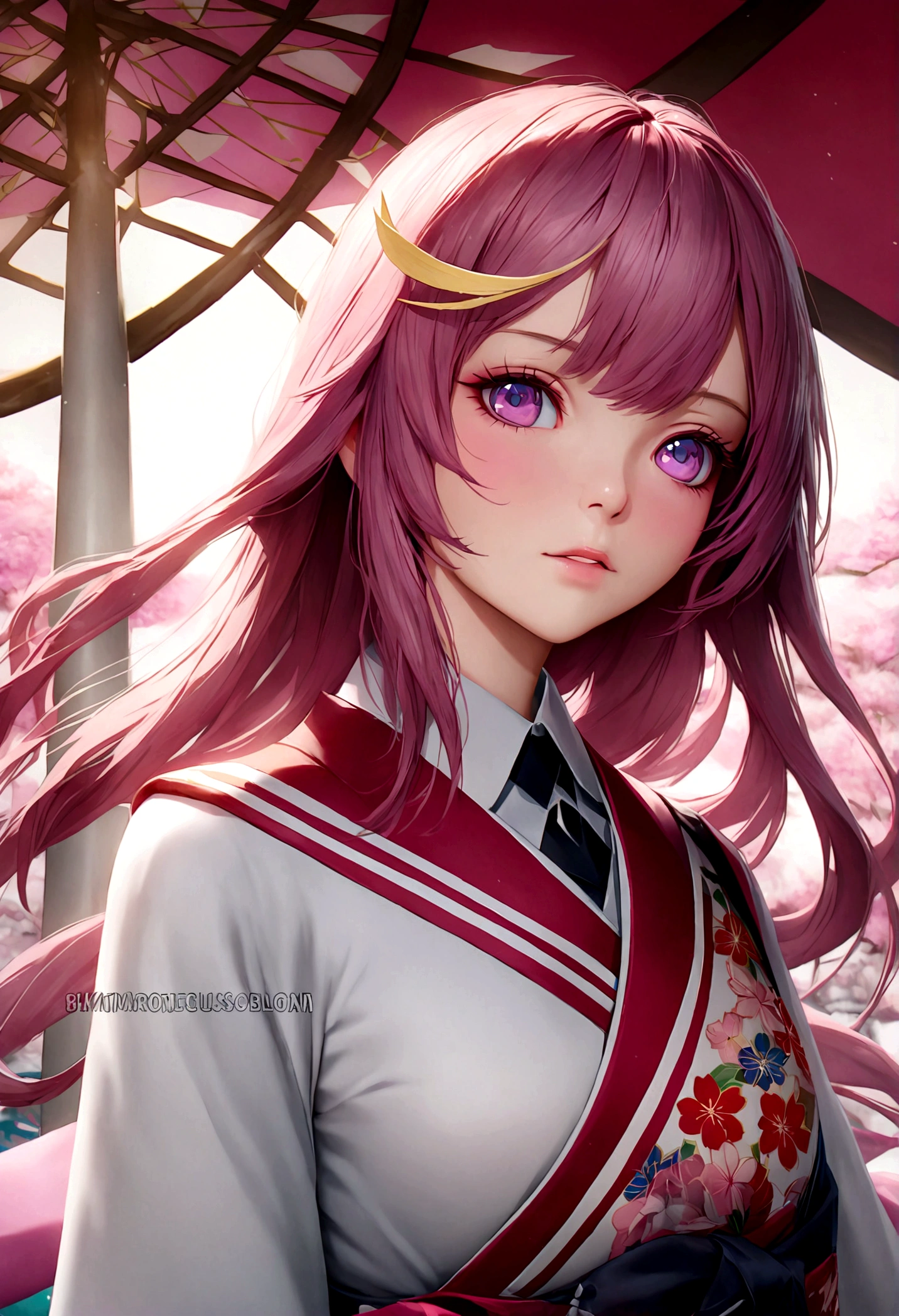 a beautiful young woman with long flowing silver hair, detailed intricate kimono with colorful floral patterns, standing gracefully in a serene Japanese garden surrounded by blooming cherry blossom trees, soft natural lighting, highly detailed, masterpiece, photorealistic, cinematic, 8k