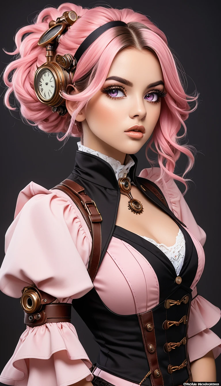 melhor qualidade, Obra de arte, tronco, mulher, cabelo loiro soprado pelo vento, olhos brilhantes, estilo nu steampunk, roupas finas, roupas rosa, cabelo rosa