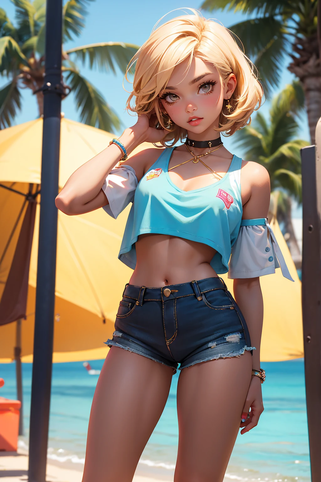 age girl-model 18 years old, beautiful, blonde, bob hair, bangs, brown eyes, beautiful figure, girl wearing crop shirt and too short mini shorts, beautiful long legs, slave bracelets, slave choker, manicure, cute makeup, flirtatiously posing, hot summer, hot flirty, sexy posing, summer outfit, top quality, higest quality, pin-up style, retro 80s style, Daisy Dukes style, slave girl, Miami vibes,