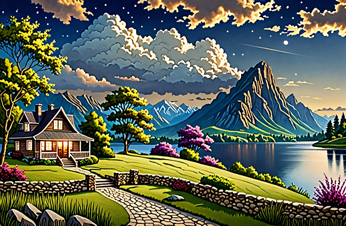 EbonyGoldAI masterpiece, best quality, high quality, high resolution, (((beautiful detailed sky))), grandeur, cottage, grand(magnificent, splendid), sight(view), great spectacle, High-definition, ((best shadow)), realistic, nature, scenery, cloud, mountain, grass, rock, hill, Cliff, tree, sidewalk, only background, the night sky, moonlight, ((ultra-detailed)), (best illustration), ((an extremely delicate and beautiful)), dynamic angle, river, trail, bench, Highest-quality image quality, Quiet, far_away