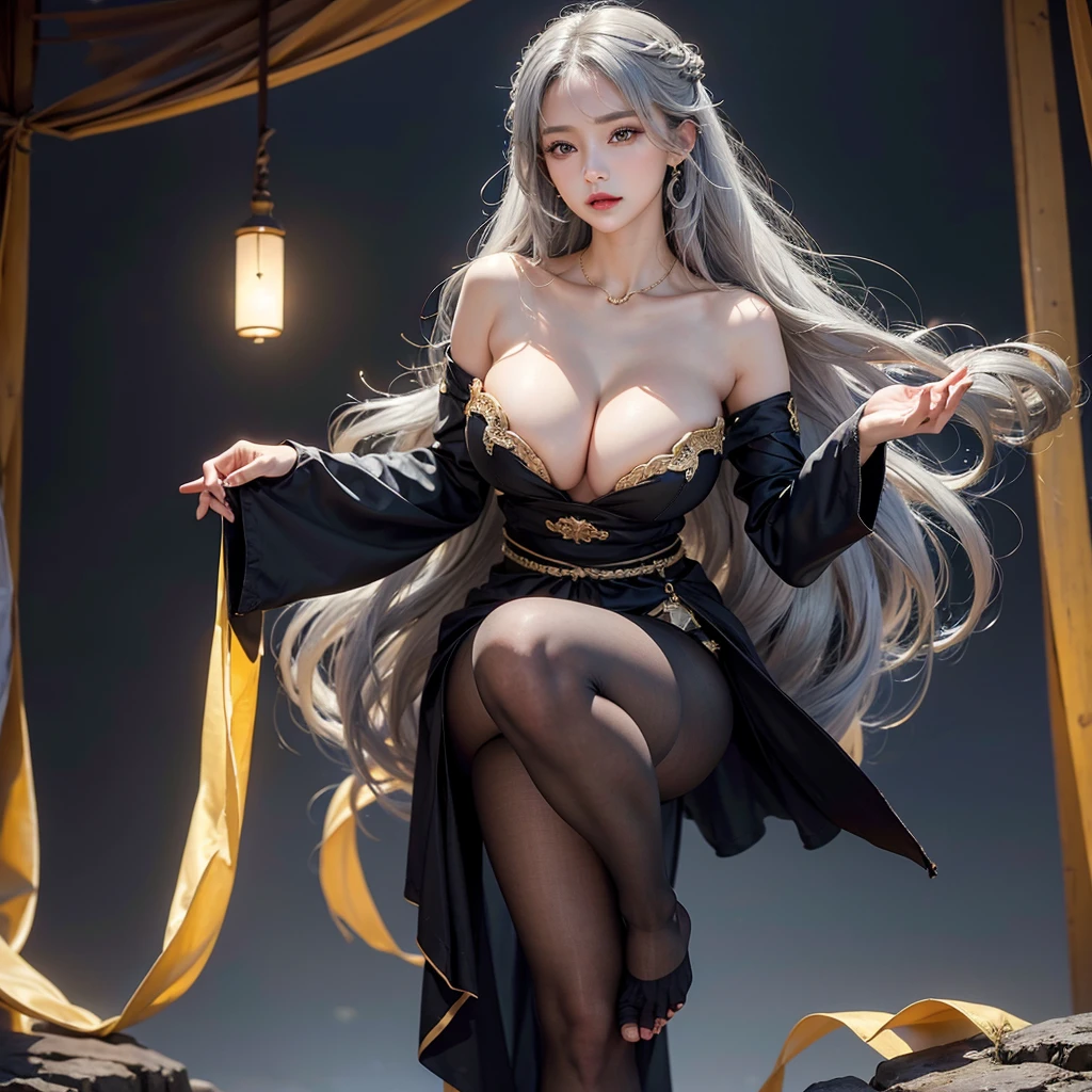 realistic, high resolution, 1 woman, woman, alone, Tattoo, gray hair, long hair, assemb red lips, queen dress, Image from head to toe, only standing, standing full body image, realistic, high resolution, 오직 1 woman, 오직 alone, look at the viewer, (detailed face), gray hair, silver hair, long hair, feet up, beautiful eyes, Huge big breas about to explode, golden armor, BLACK & GOLD gi, transparent, pantyhose, bare shou, Dripping tops, Visible nipples, look at the viewentalism, My chest is very hollow, My chest is completely exposed, glamour, K cup, Bewitching, Crotch that is barely visible, ancient japanese background, realistic hands, realistic feet and legs, live action, Banla, masterpiece, very pretty face, Exposed breasts, 2 hands with 5 fingers wo feet with five toes each, Yukdeok, Voluptuousness