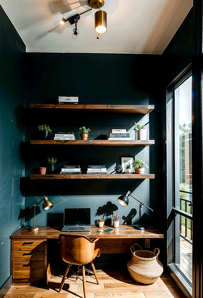 First person view of a large desk with a computer on top in a room, modern office, wooden details, black vertical slats, home office interior, wooden walls, brass panels, black walls, offices, wooden and gold details, small pots with decorative green plants, shelves with photo cameras, pictures with certificates, a traditional acoustic guitar, simple and clean lines, modern and minimalist, minimalist home office, modern minimalist design, functional and elegant look, modern style, dark and modern, neo-traditional modern minimalist, 8k, realistic, ultra detailed