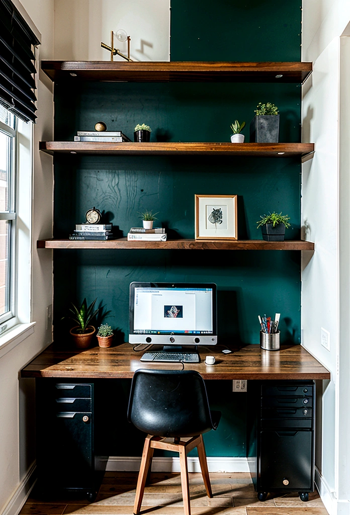 First person view of a large desk with a computer on top in a room, modern office, wooden details, black vertical slats, home office interior, wooden walls, brass panels, black walls, offices, wooden and gold details, small pots with decorative green plants, shelves with photo cameras, pictures with certificates, a traditional acoustic guitar, simple and clean lines, modern and minimalist, minimalist home office, modern minimalist design, functional and elegant look, modern style, dark and modern, neo-traditional modern minimalist, 8k, realistic, ultra detailed