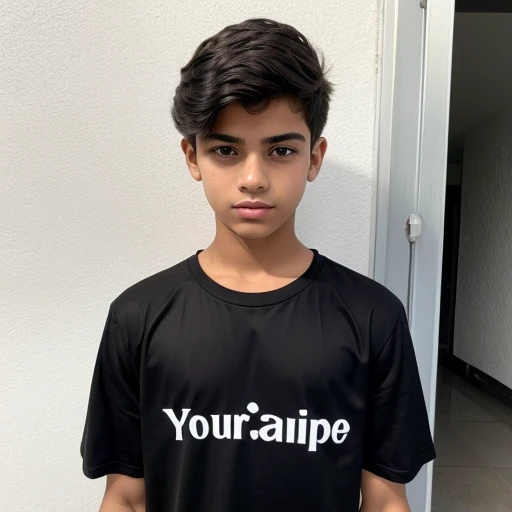 Menino de 16 anos brasileiro, ele tem cabelos pretos e curtos , Your skin is white , He is wearing a black shirt with no pattern