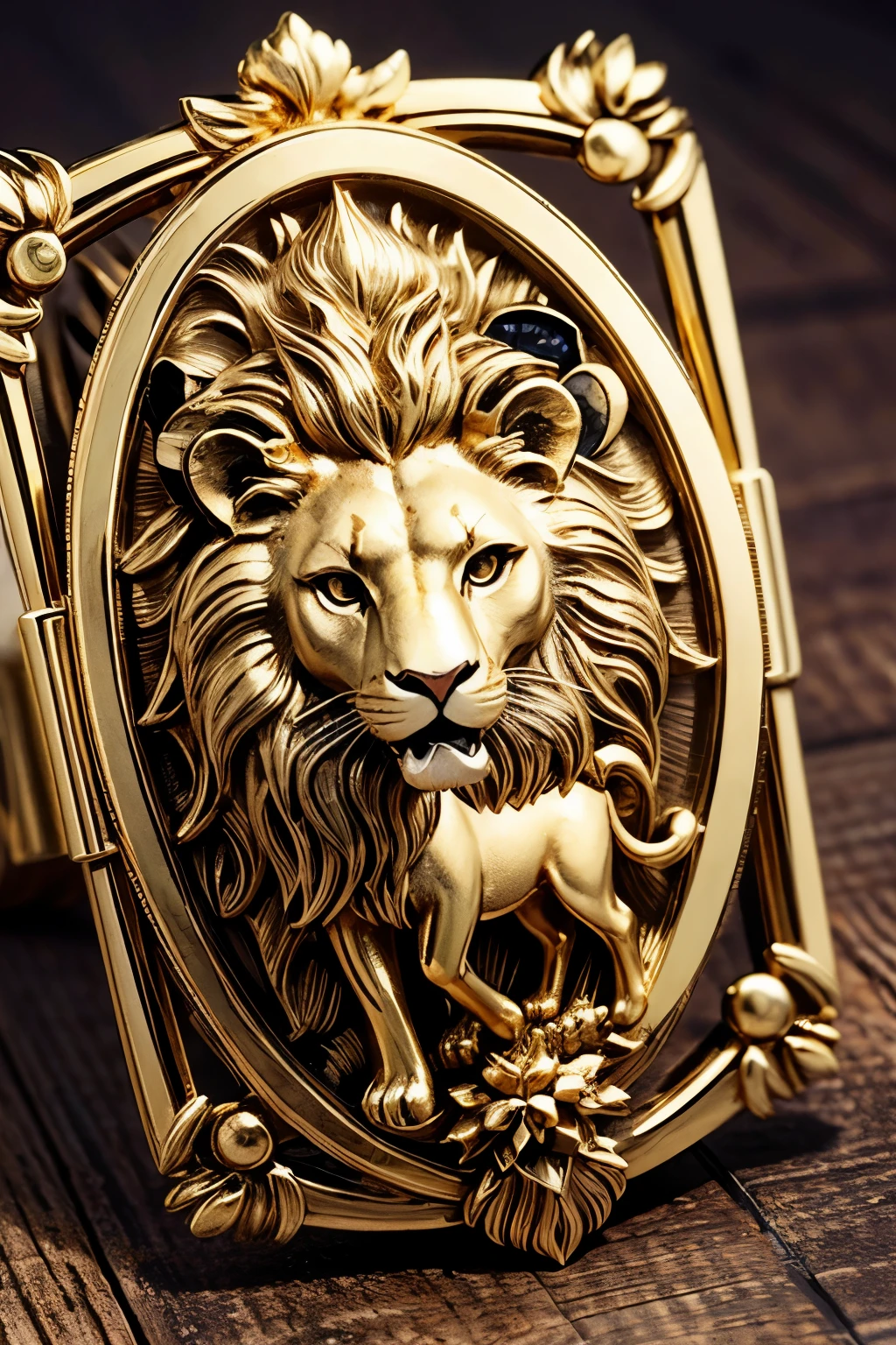A gold brooch engraved with a lion with a  deer in its mouth