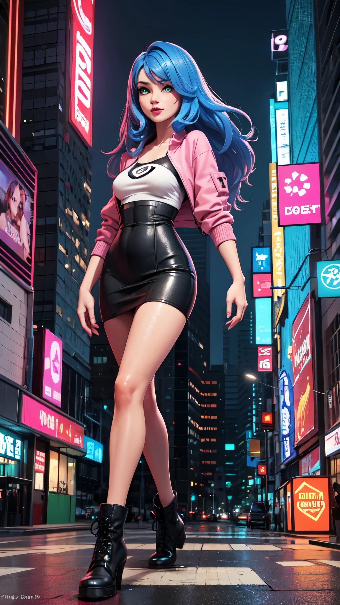 3D realistic image that captures a full body scene with latin american woman, full cheek, pink lips, tan skin, long hair, straight hair, blue hair, dark green eyes, in a cyberpunk city.