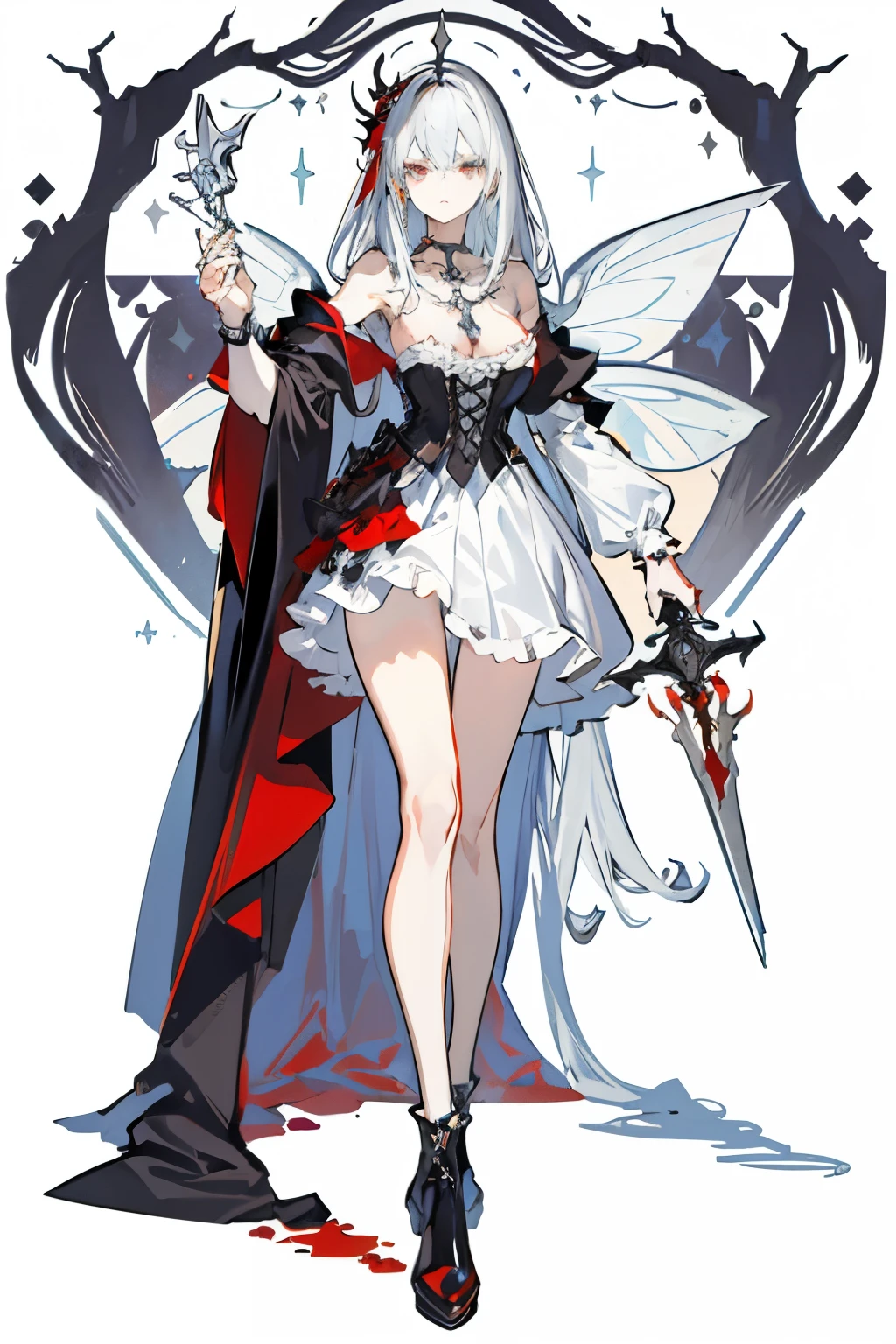 ((best quality)), ((masterpiece)), (detailed), 1girl, Character design, female, dynamic poses, long white grey hair, grey white eyes, very skinny, detailed, best quality, no accesoires around the neck, no shoes, prominent collarbones, skinny arms, flat stomach, visible hip bones, full body, blank white background, plain background, white background, red and white clothing, Bloodborne inspired, occult aesthetic, occult, detailed and intricate steampunk and detailed gothic, NSFW, Very dramatic and cinematic lighting, cosmic horror, grim-dark, side-lighting, perfect face, NSFW, Fluttering lace flared long knee length dress with frilly petticoats, knee length dress, pleated petticoats, petticoats gothic, complex lace boots, side-lighting, gothic aesthetic, wielding a mighty sword with mechanical components, mandalas, a fairy, various different types of insect wings, NSFW, full body, whole body, body, plain background, white background, blank background, no background, white background NSFW, chains, full body, whole body, head-to-toe NSFW