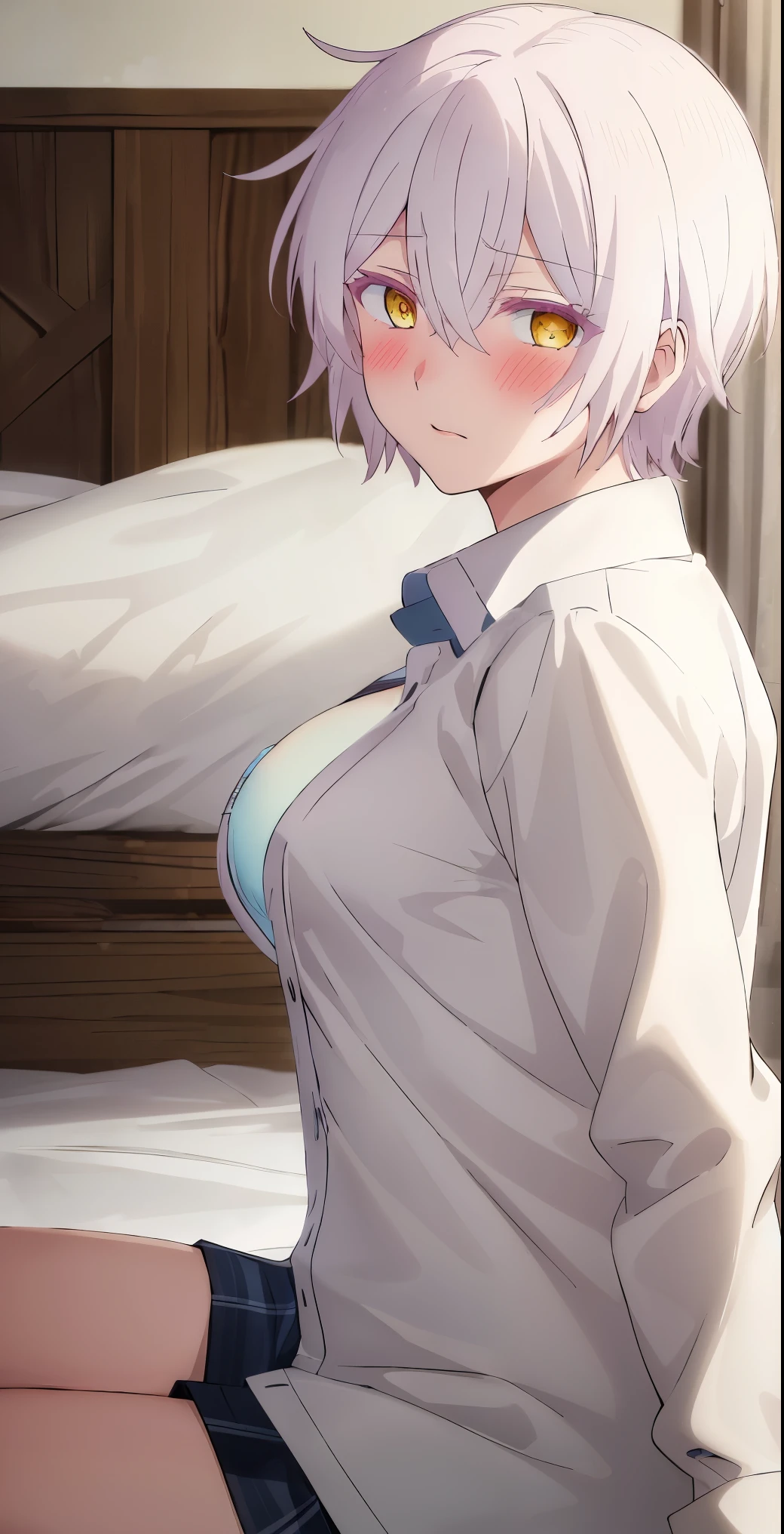 Jeanne, 1girl, solo, laying on bed, hair between eyes, looking at viewer, side angle, blush, white shirt unbuttoned, perfect quality, good quality, masterpiece, HDR, UHD 