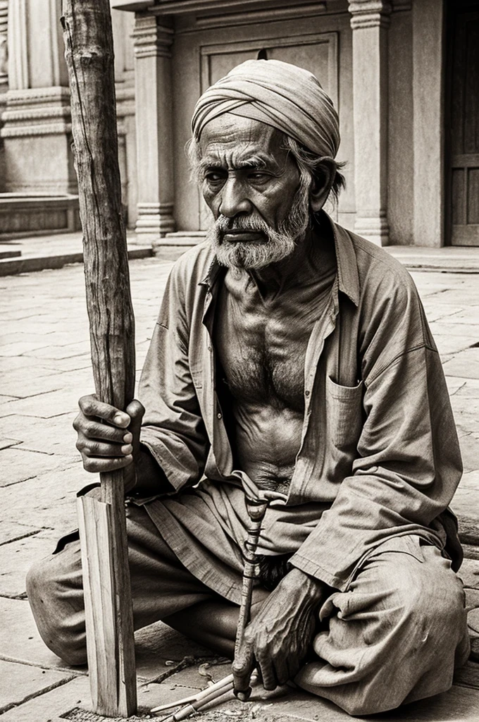 Pencil Sketch of a poor old beggar with no eyes and a stick in hand outside big Hindu temple