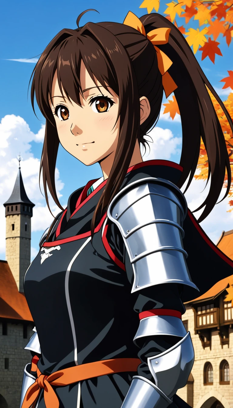 a young female knight in black armor, irritated smile, kyoto animation style 2010s, official art, ((((black hair)), haruhi suzumiya eyes, haruhi suzumiya face)), beautiful symmetrical face, ponytail, medieval european castle autumn day, fantasy, solo, 8k, haruhi suzumiya pose