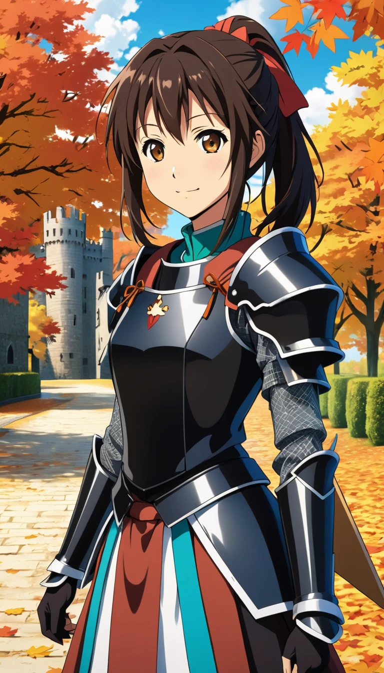 a young female knight in black armor, irritated smile, kyoto animation style 2010s, official art, ((((black hair)), haruhi suzumiya eyes, haruhi suzumiya face)), beautiful symmetrical face, ponytail, medieval european castle autumn day, fantasy, solo, 8k, haruhi suzumiya pose