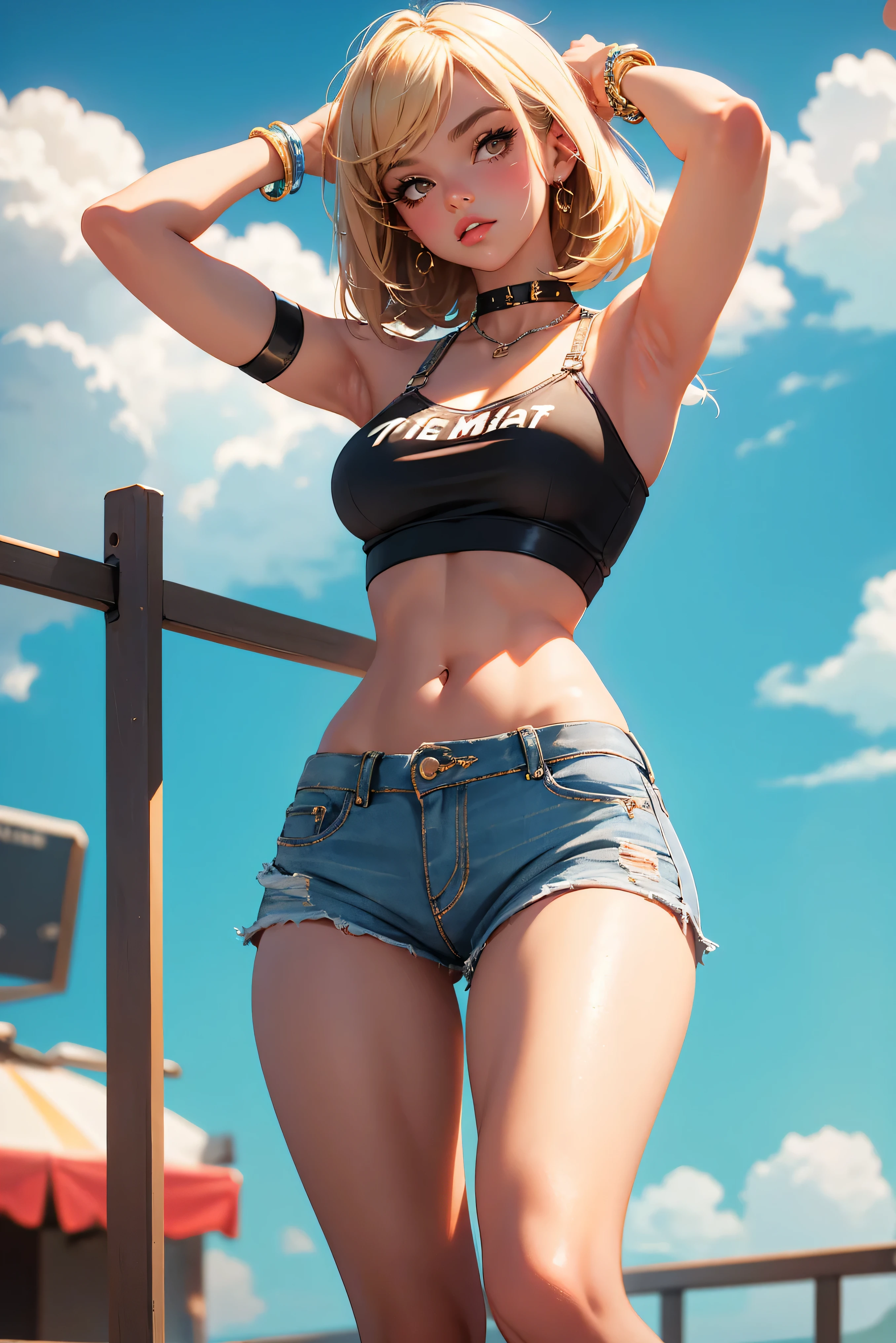age girl-model 18 years old, beautiful, blonde, bob hair, bangs, brown eyes, beautiful figure, girl wearing crop shirt and too short mini shorts, beautiful long legs, slave bracelets, slave choker, manicure, cute makeup, flirtatiously posing, hot summer, hot flirty, sexy posing, summer outfit, top quality, higest quality, pin-up style, retro 80s style, Daisy Dukes style, slave girl, Miami vibes,