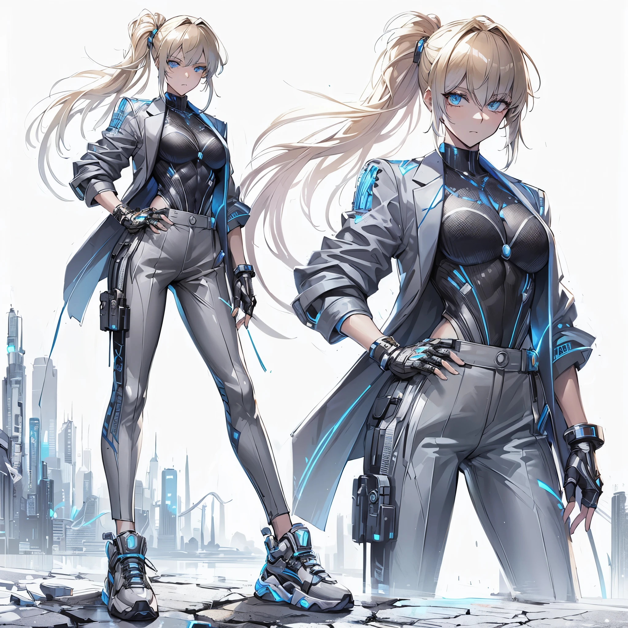 (Masterpiece, Top Quality), (Fine Hair), Ultra-Detailed, Anime Style, Solo, Full Length, Concept Art, Cyberpunk agent lady, wearing silver business suits, ragged gauntlet, tall and stylish, glowing blue eyes, sneaker, blonde. VERY MASSIVE. Muscular but feminine body shape, blue flame aura, White background, standing full length, standing on wasted earth,